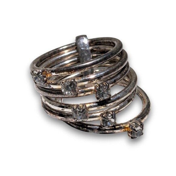 Vintage Sterling Silver 6 Ring Connected Stack w/ Clear Rhinestones Size 7 - Picture 1 of 5